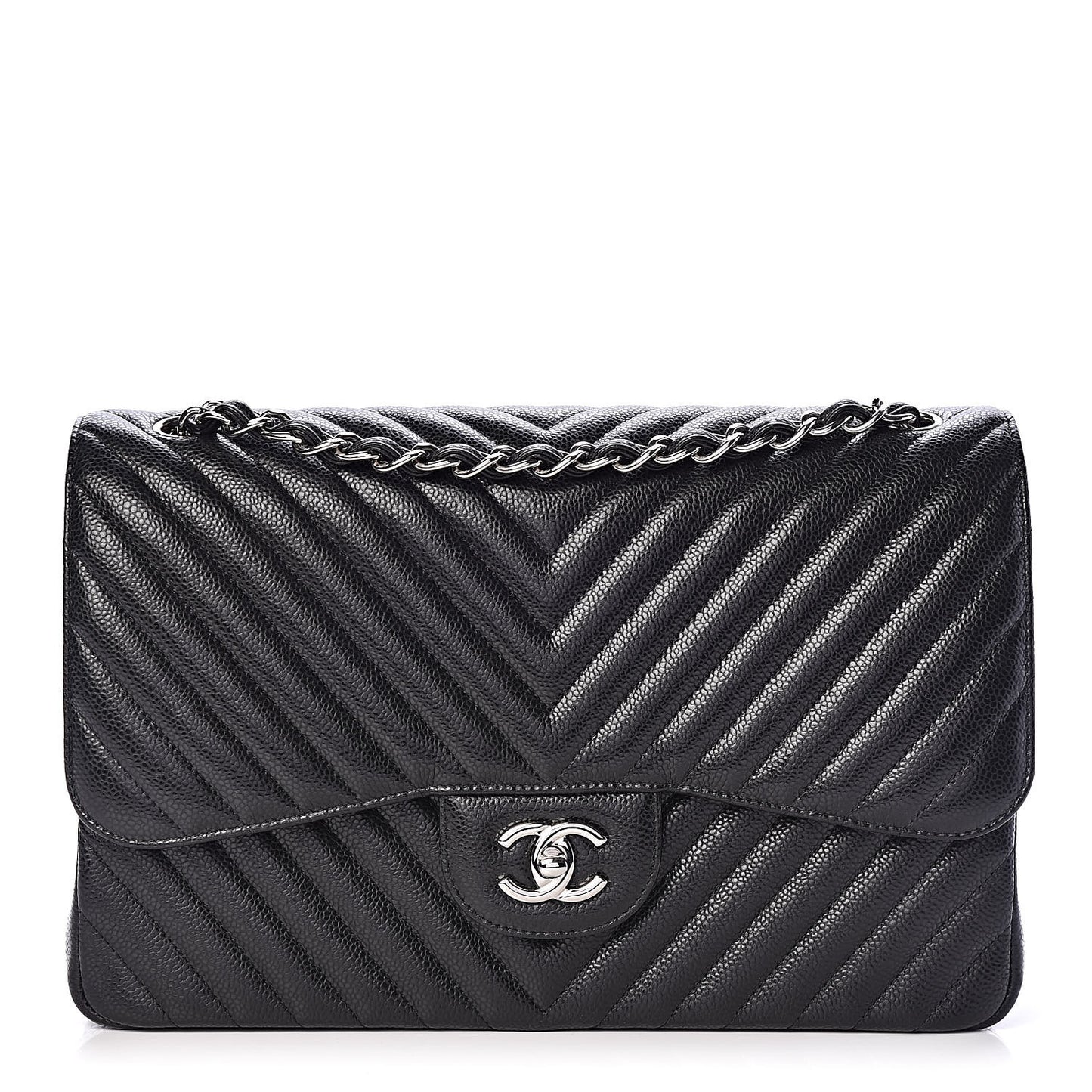 Caviar Chevron Quilted Jumbo Double Flap Black