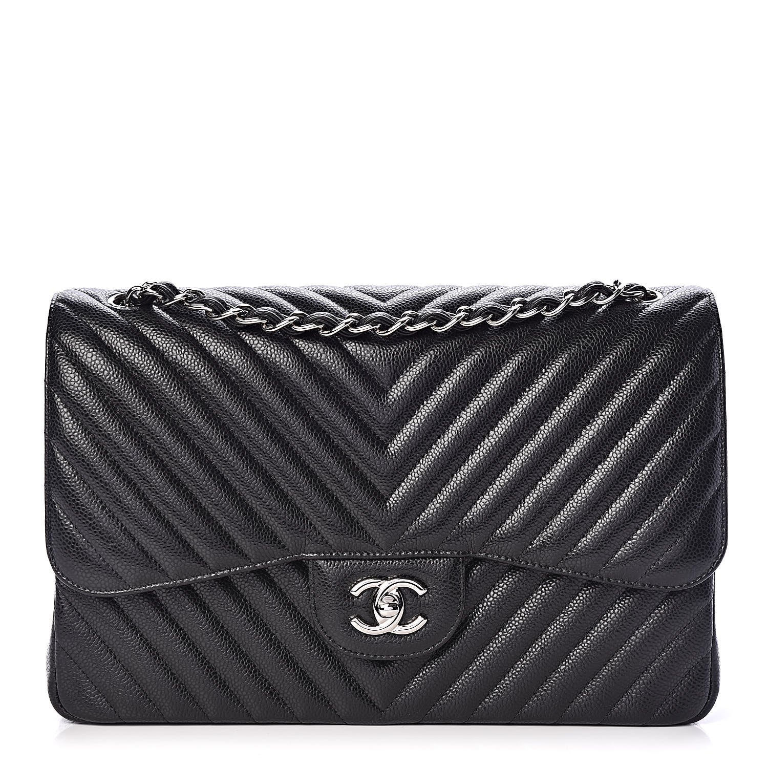 Chanel Caviar Chevron Quilted Jumbo Double Flap Black 1 of 11