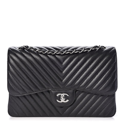 Chanel Caviar Chevron Quilted Jumbo Double Flap Black 1 of 11