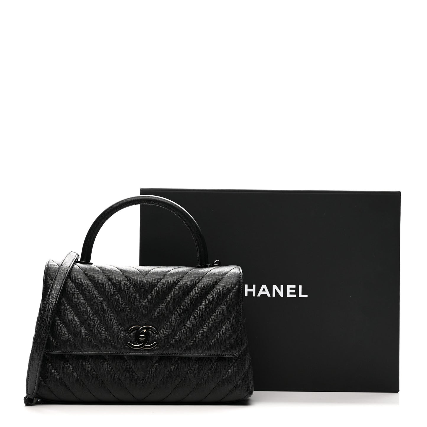 Caviar Chevron Quilted Small Coco Handle Flap So Black