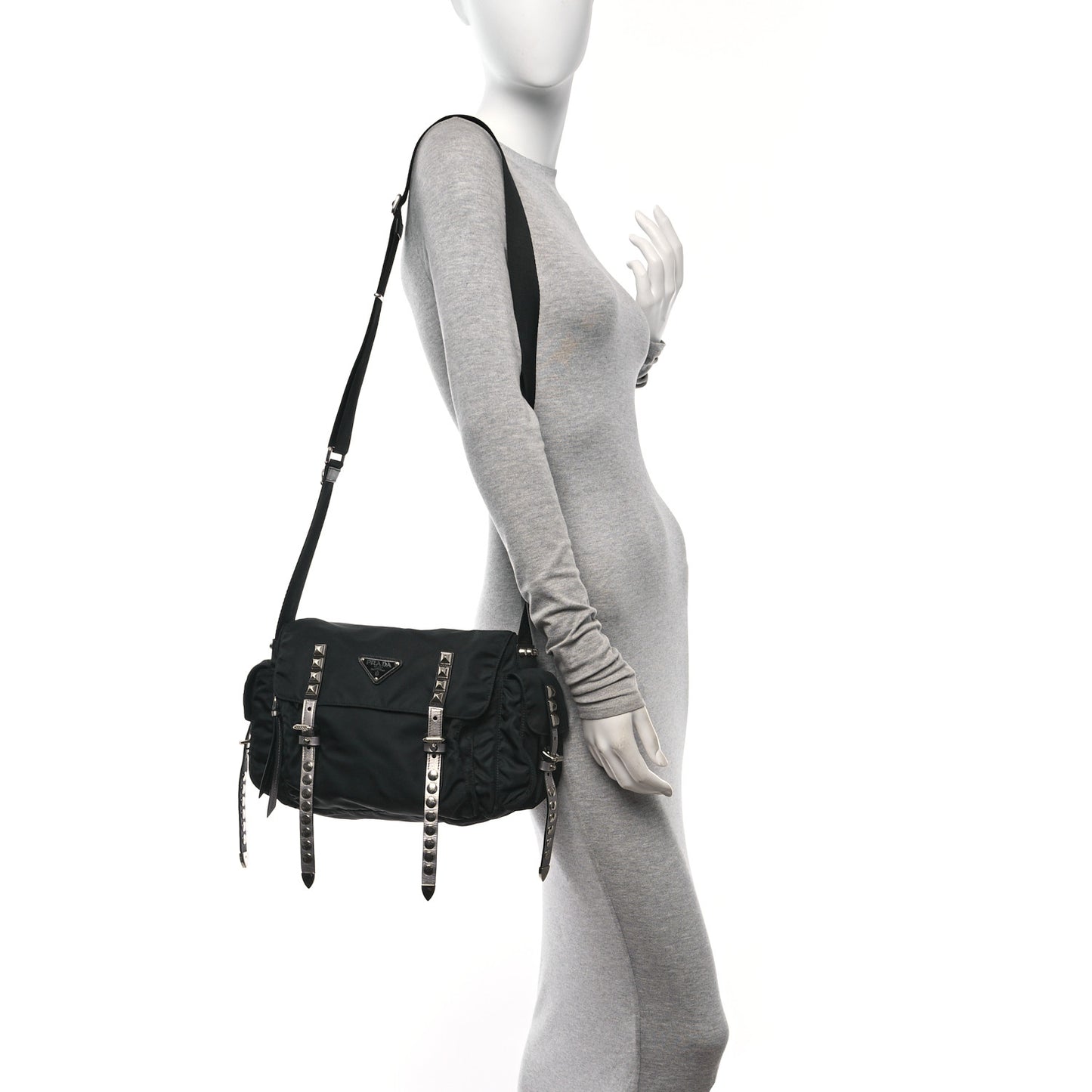 Nylon New Vela Studded Messenger Bag Black