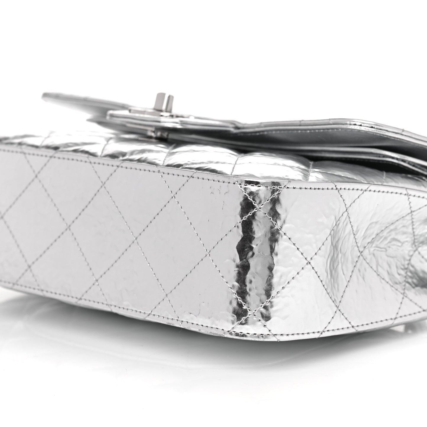 Hammered Metallic Calfskin Quilted Small Double Flap Silver