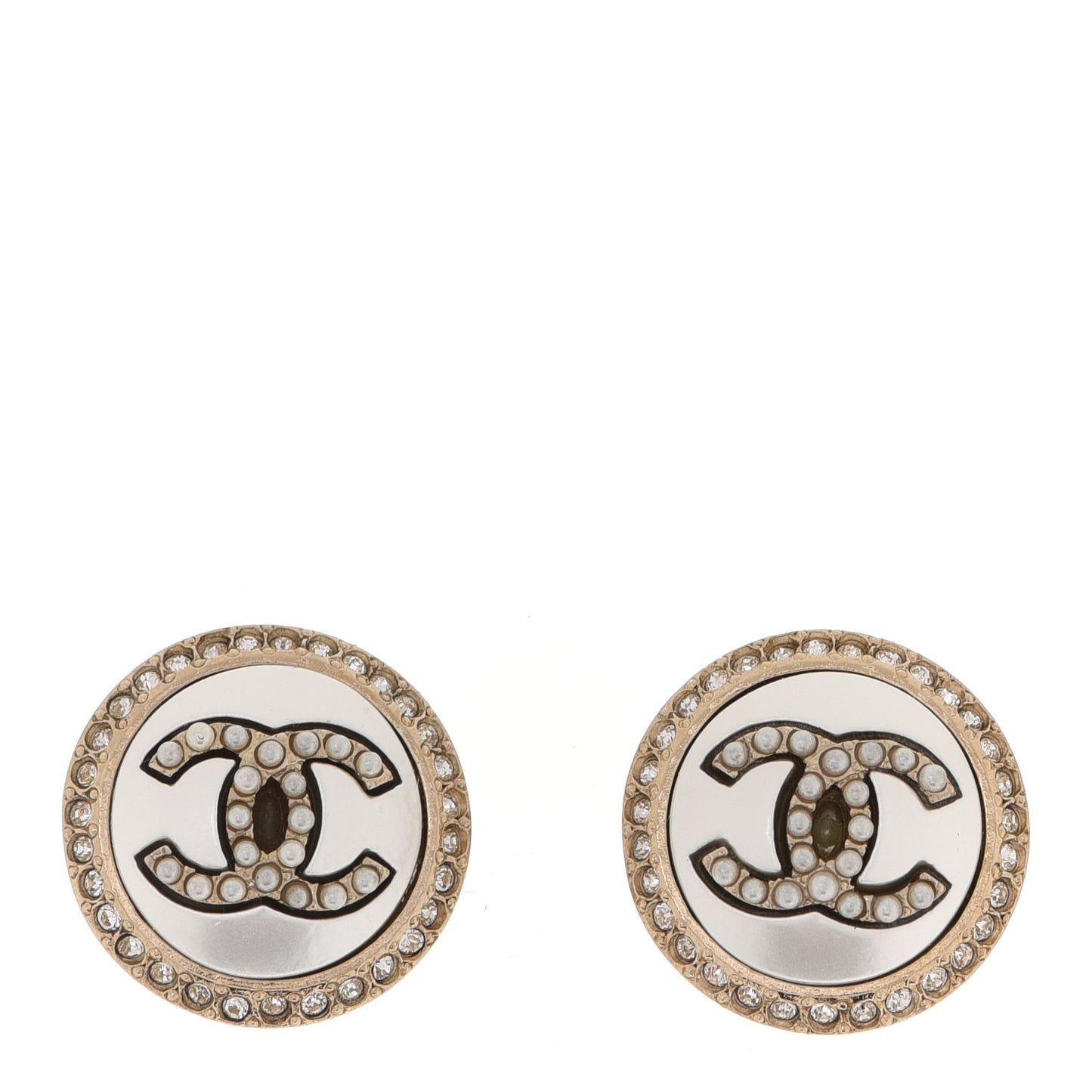 Pearl Crystal CC Round Earrings Gold