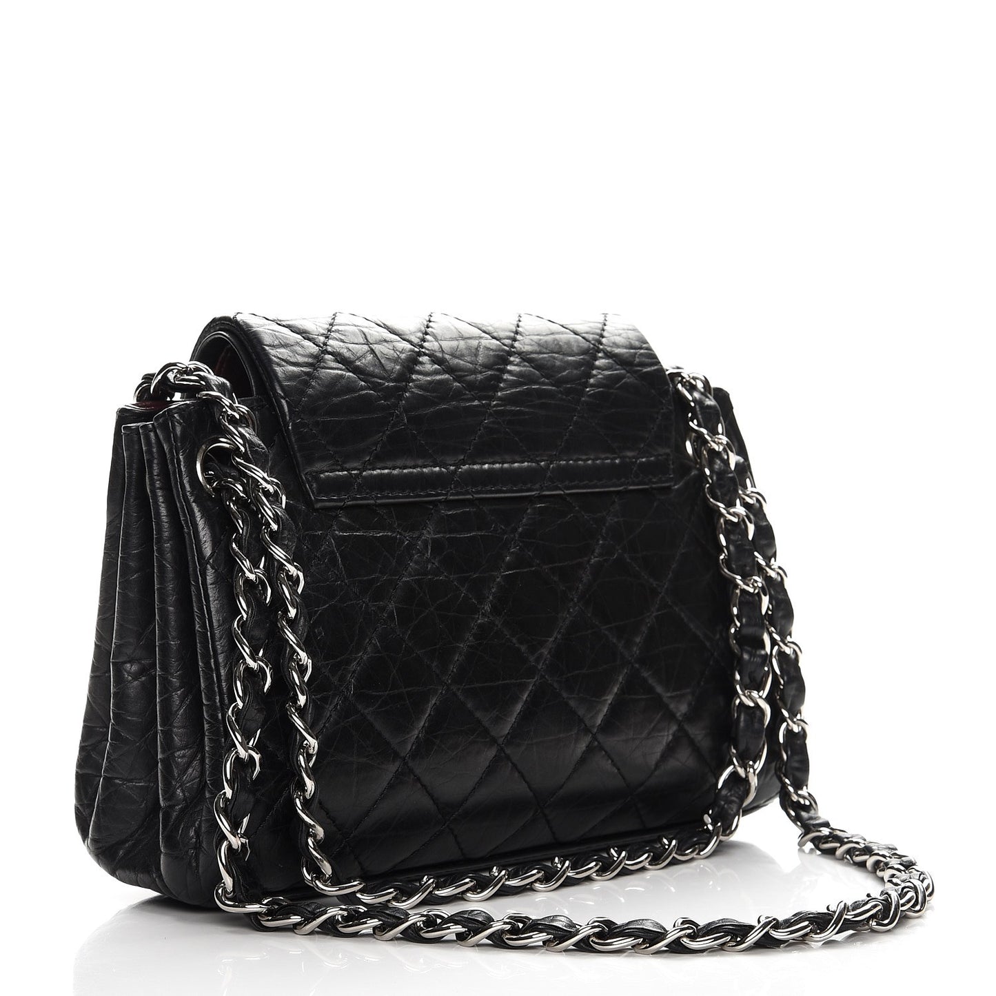 Aged Calfskin Quilted Accordion Double Flap Black