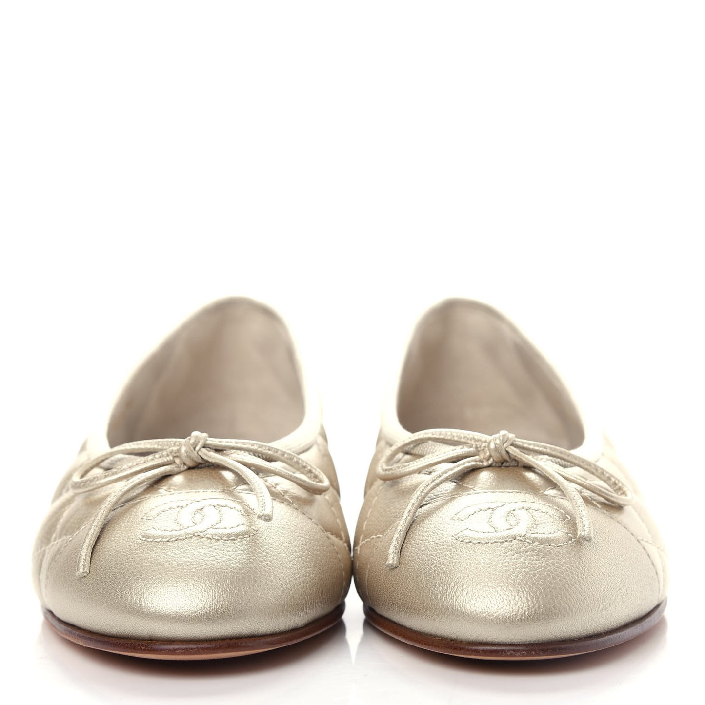Metallic Caviar Quilted Cap Toe Ballerina Flats 36 Gold