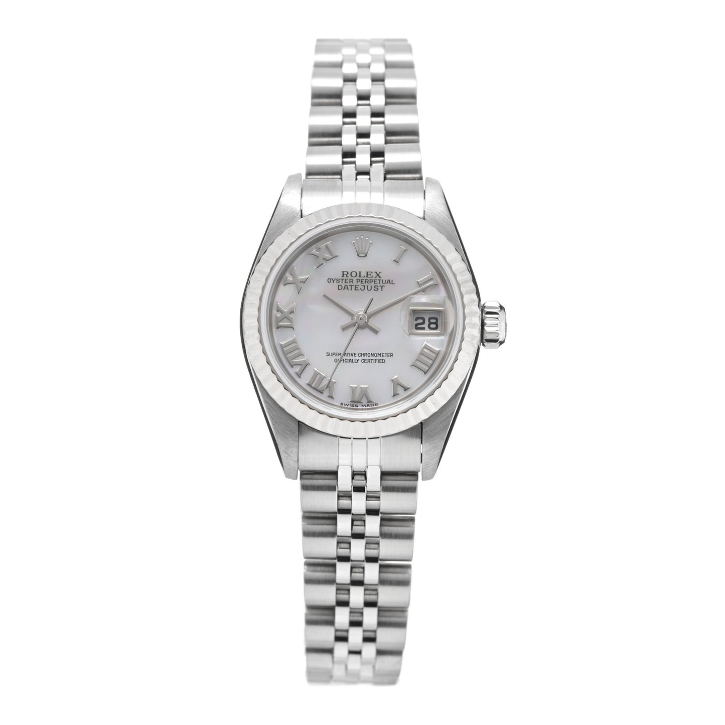 Stainless Steel 18K White Gold Mother of Pearl 26mm Oyster Perpetual Datejust Watch Roman 79174