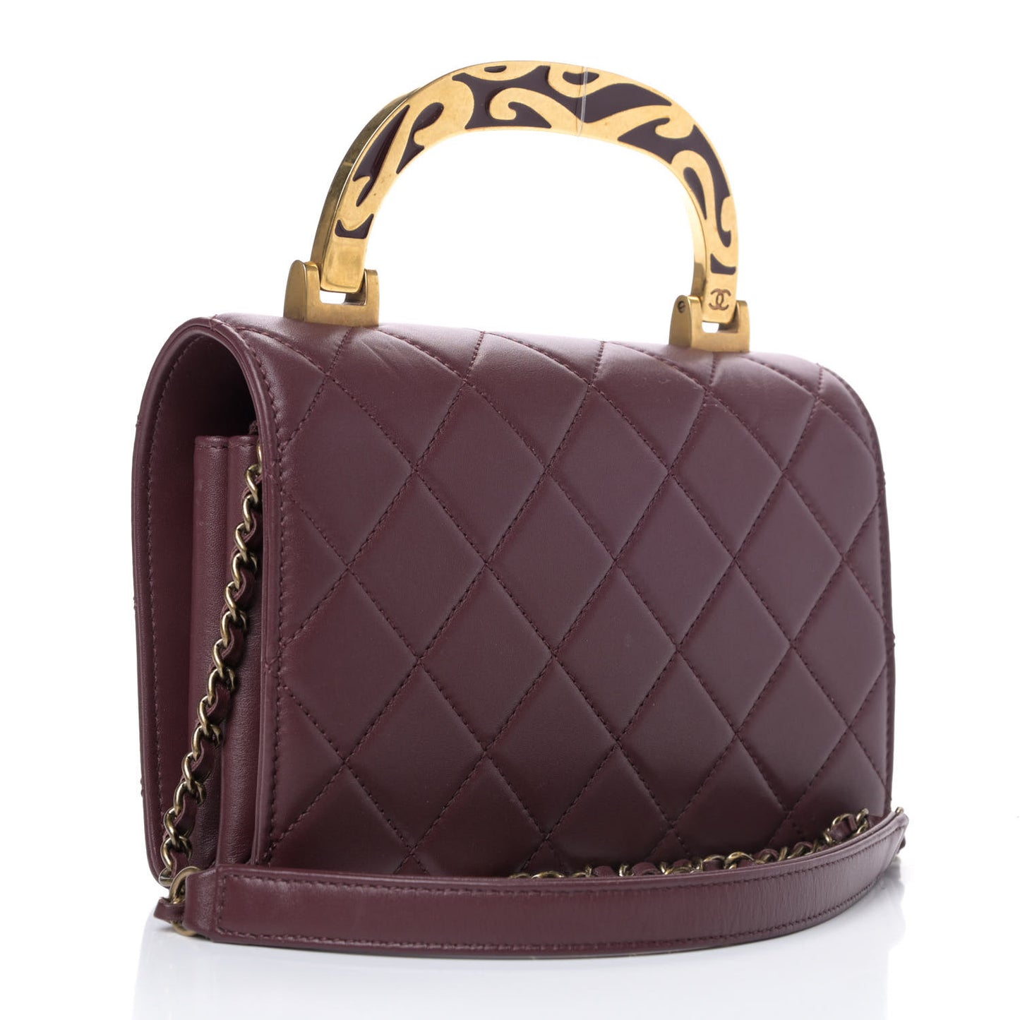 Iridescent Sheepskin Quilted Enamel Top Handle Bag Burgundy