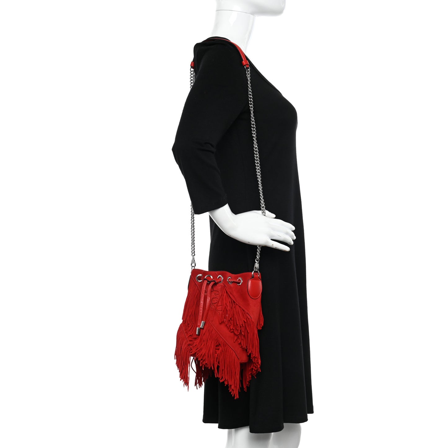 Suede Calfskin Fringe Marie Jane Bucket Red