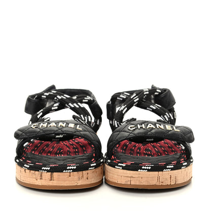 Chanel Cord Lambskin Quilted Logo Sandals 39 Black White 2 of 11