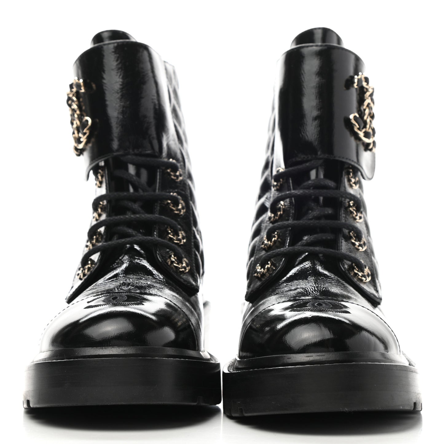 Shiny Calfskin Quilted Lace Up Combat Boots 38.5 Black