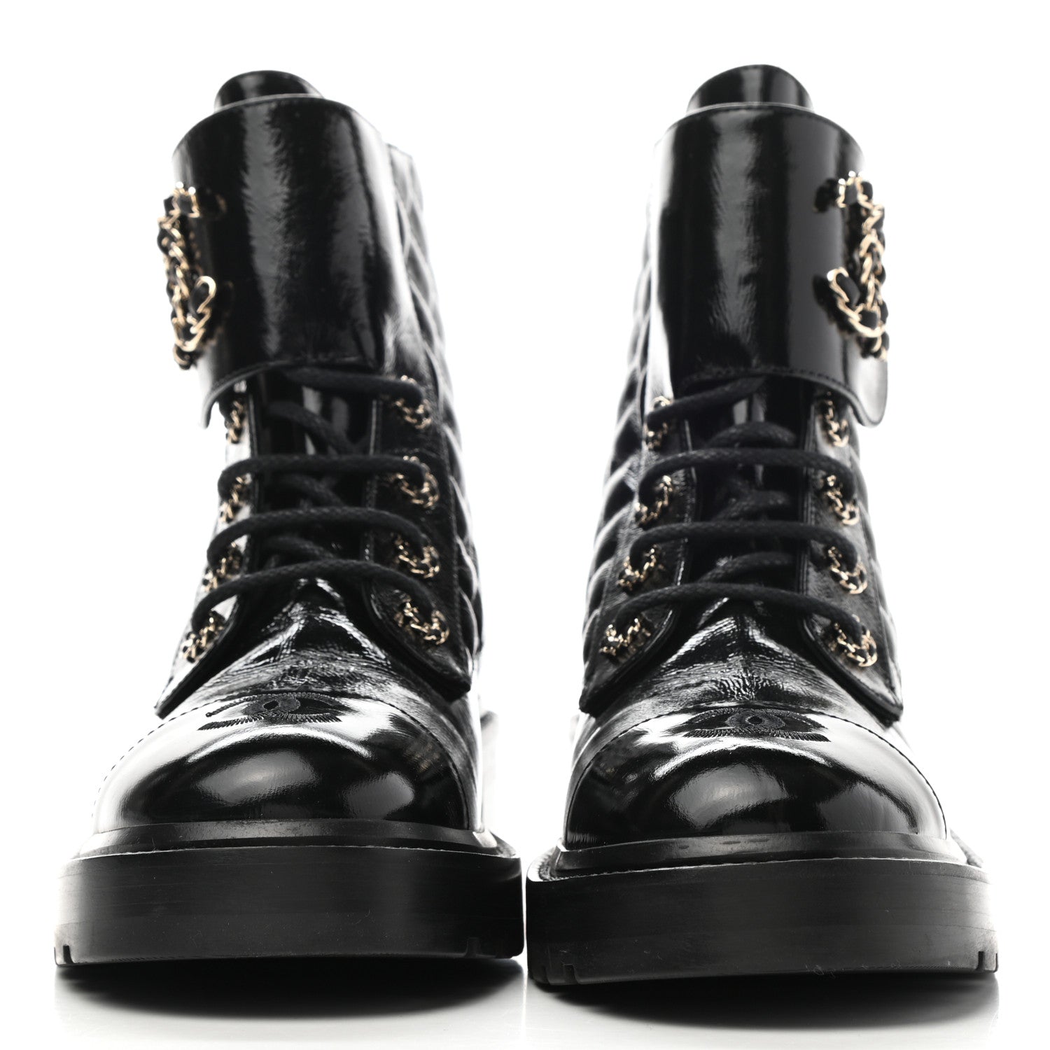 Chanel Shiny Calfskin Quilted Lace Up Combat Boots 38.5 Black 2 of 10