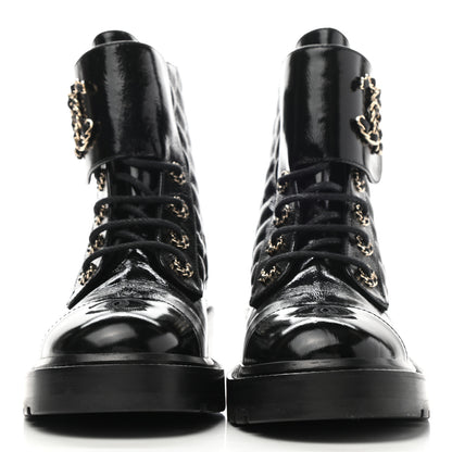 Chanel Shiny Calfskin Quilted Lace Up Combat Boots 38.5 Black 2 of 10