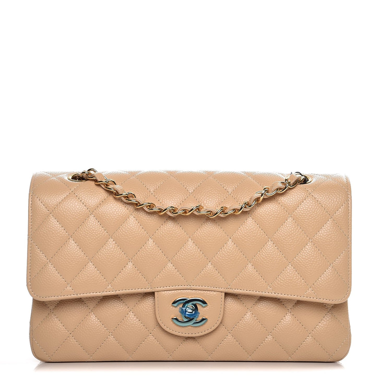 Caviar Quilted Medium Double Flap Beige