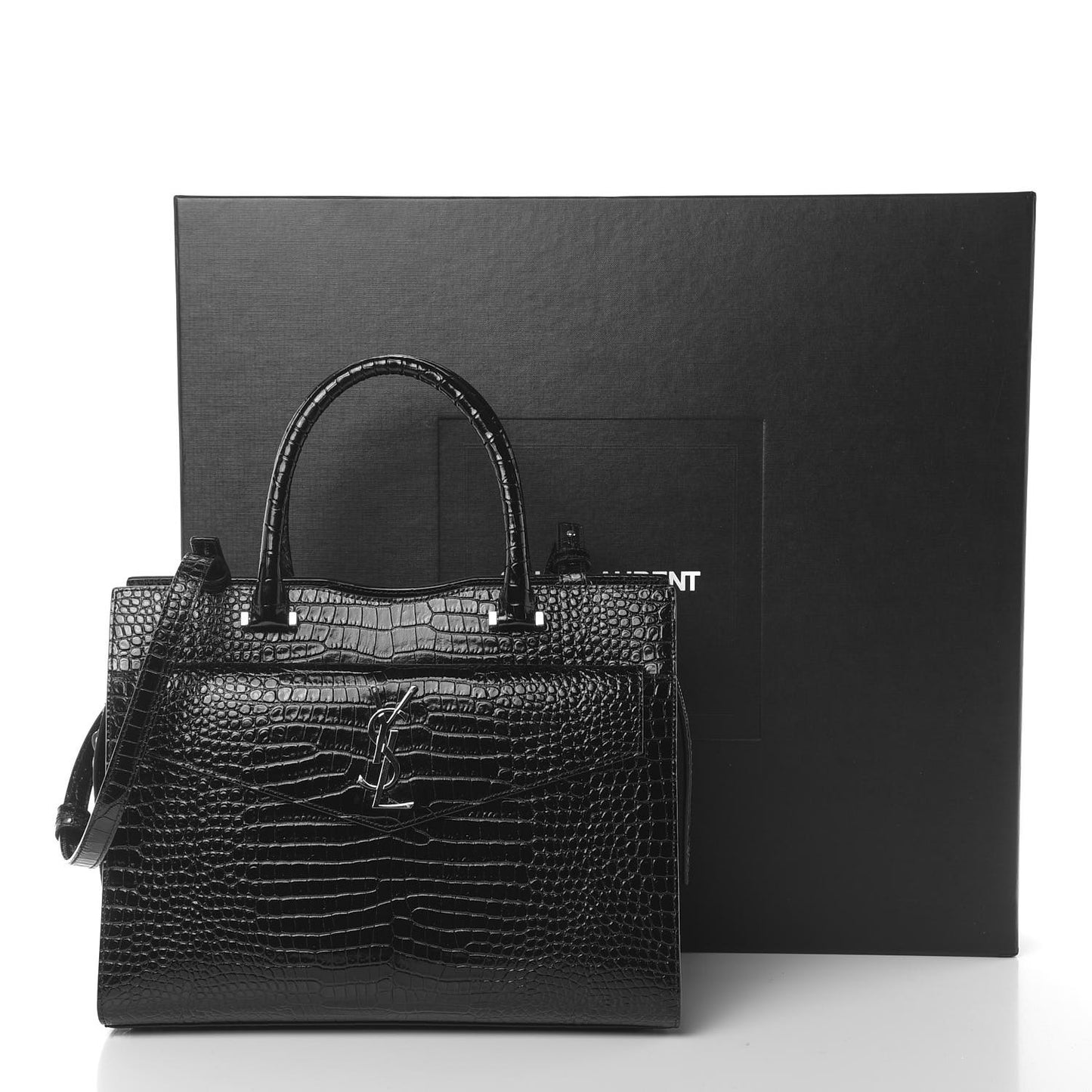 Croc Calfskin Embossed Medium Uptown Tote Black