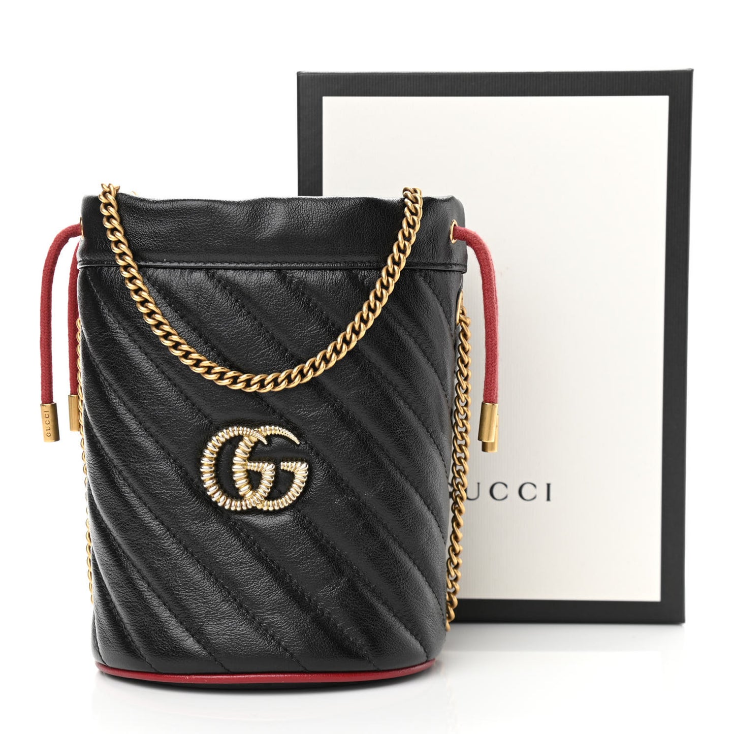 Vintage Effect Calfskin Matelasse Diagonal Mini Torchon GG Marmont 2.0 Bucket Bag Black Romantic Cherry
