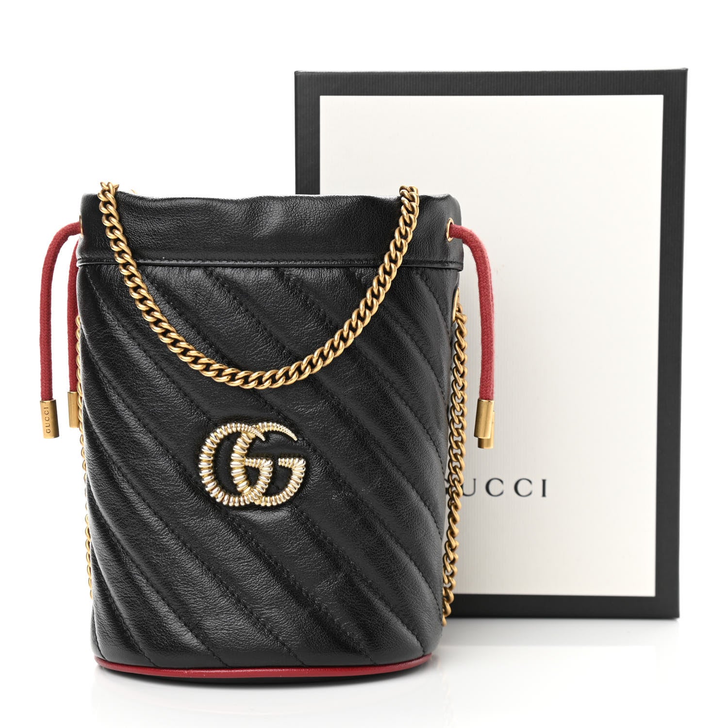 Gucci Vintage Effect Calfskin Matelasse Diagonal Mini Torchon GG Marmont 2.0 Bucket Bag Black Romantic Cherry 11 of 11