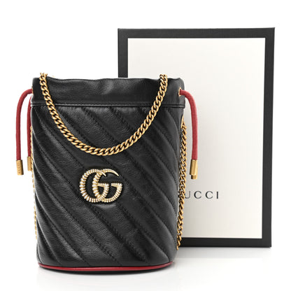 Gucci Vintage Effect Calfskin Matelasse Diagonal Mini Torchon GG Marmont 2.0 Bucket Bag Black Romantic Cherry 11 of 11