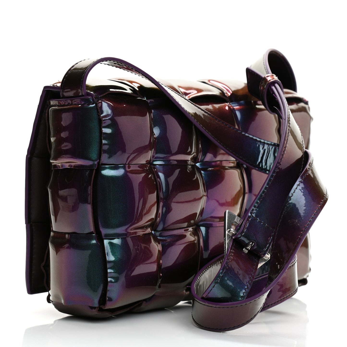 Glossy Nail Polish Nappa Maxi Intreccio Padded Cassette Crossbody Bag Holographic