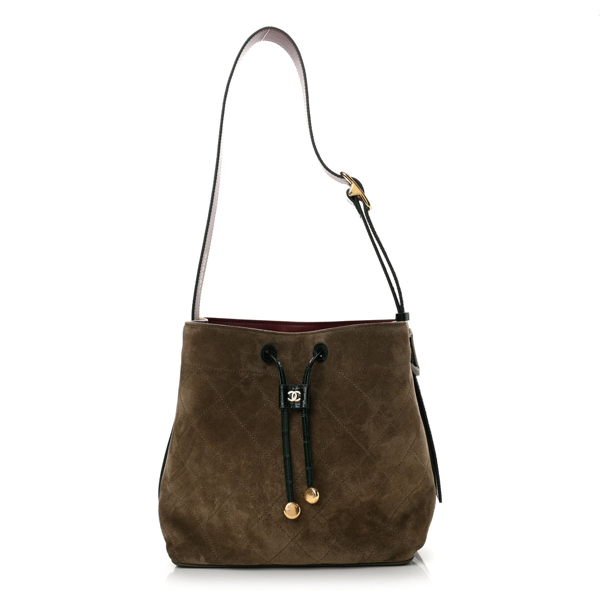 Chanel Suede Calfskin Crocodile Embossed Quilted CC Bucket Bag Dark Beige Green 1 of 11
