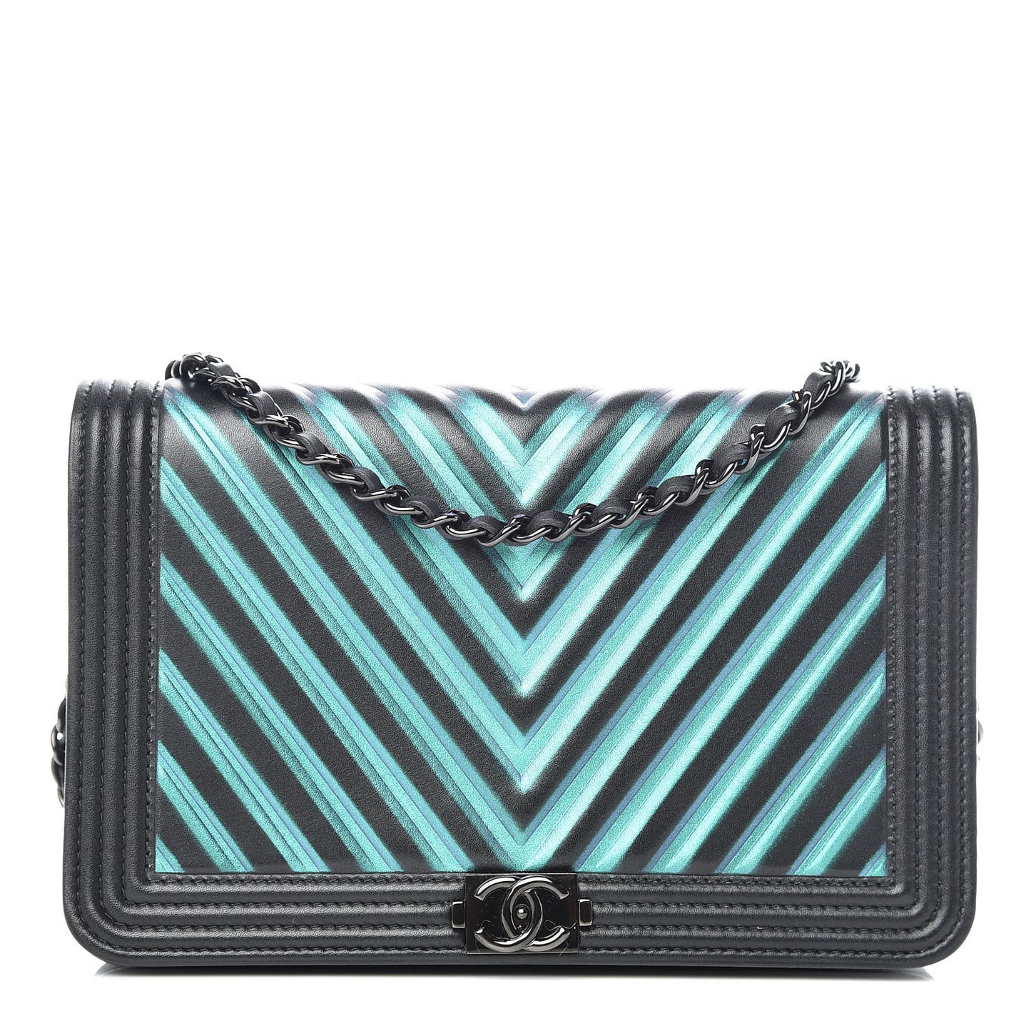 Calfskin Painted Chevron Embossed Boy Wallet On Chain WOC Black