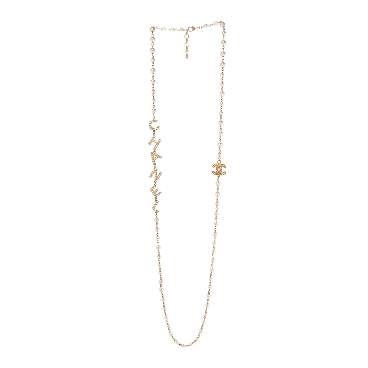 Pearl Crystal Long CC Logo Necklace Gold White