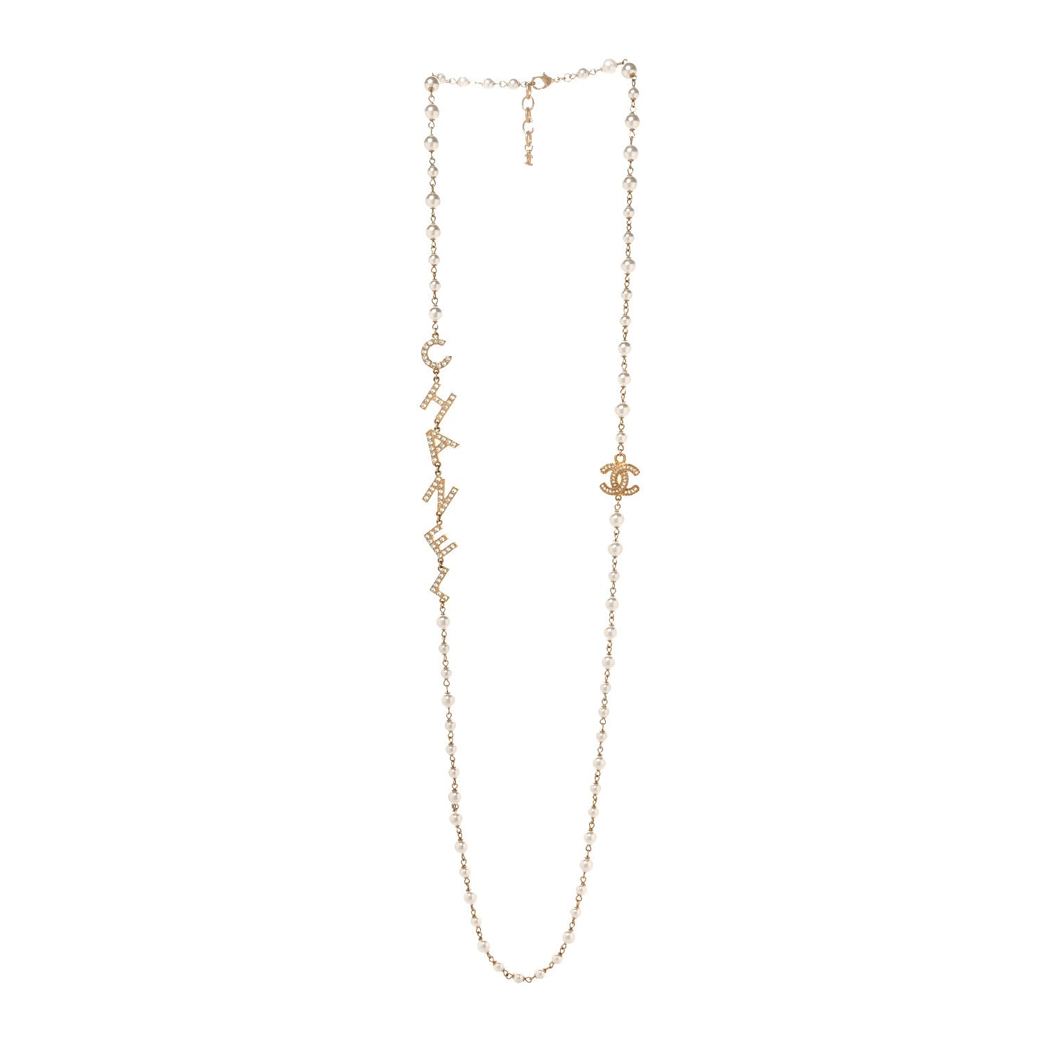 Chanel Pearl Crystal Long CC Logo Necklace Gold White 3 of 4