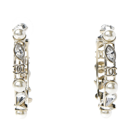 Chanel Glass Pearl Strass Snowfall Hoop Earrings Gold 1 of 5
