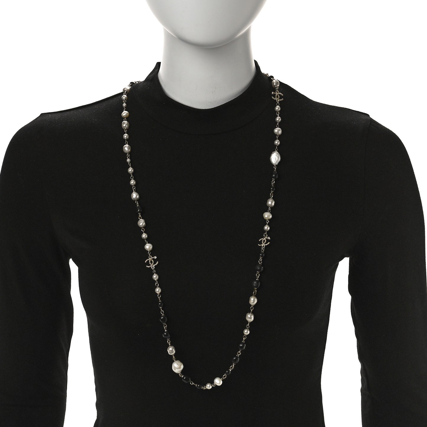 Pearl Beaded Crystal CC Long Necklace Gold Black White