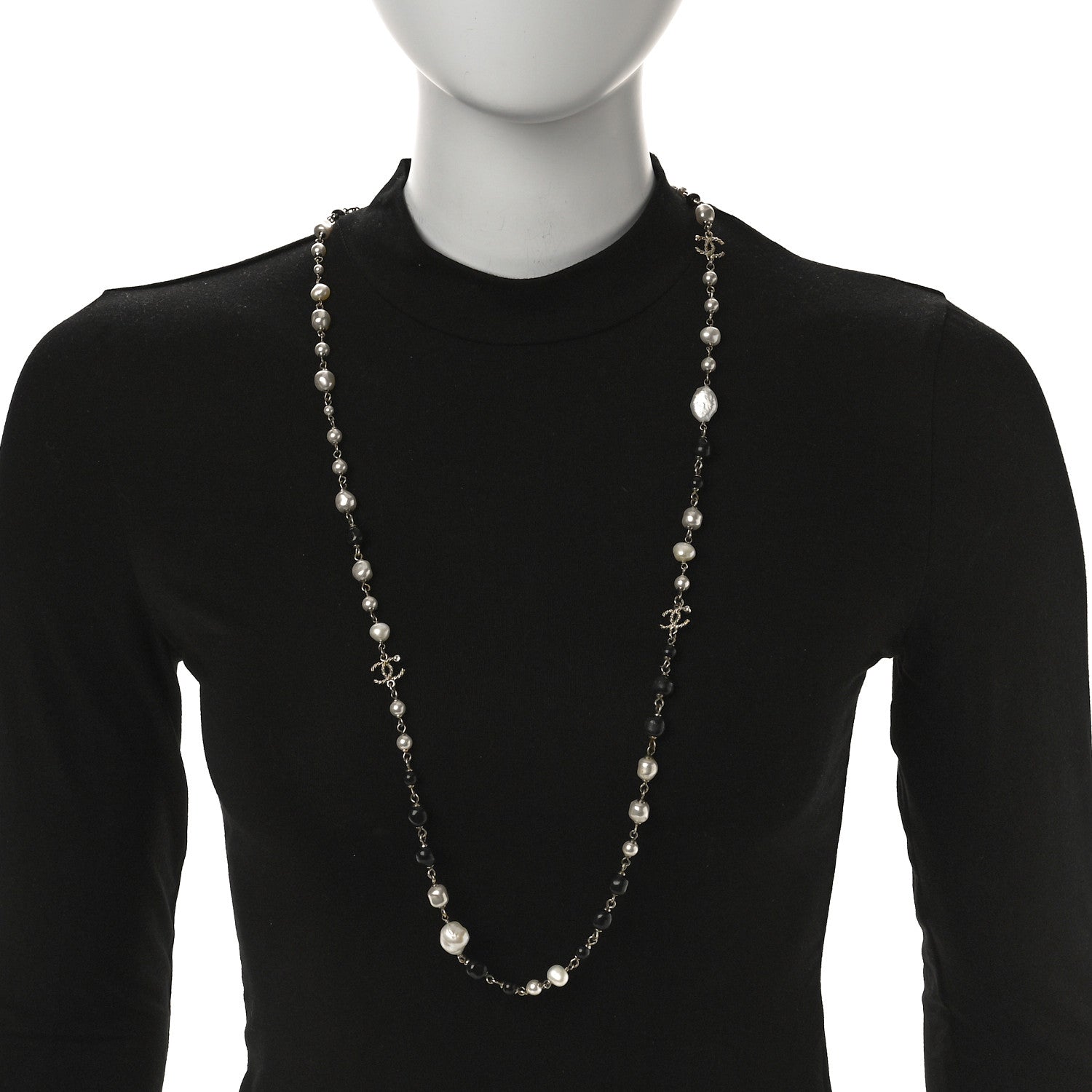 Chanel Pearl Beaded Crystal CC Long Necklace Gold Black White 3 of 6