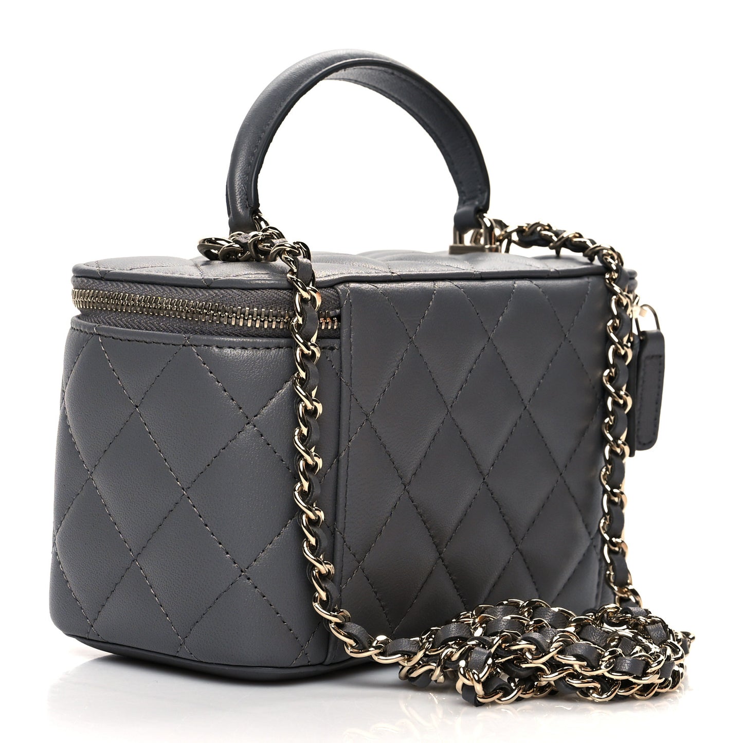 Lambskin Quilted Small Top Handle Vanity Case With Chain Grey