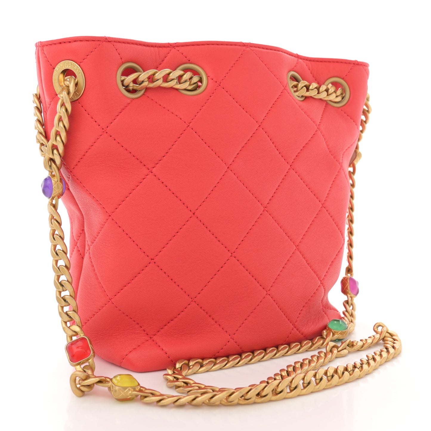 Lambskin Resin Quilted Small Pearl Samba Bucket Bag Red