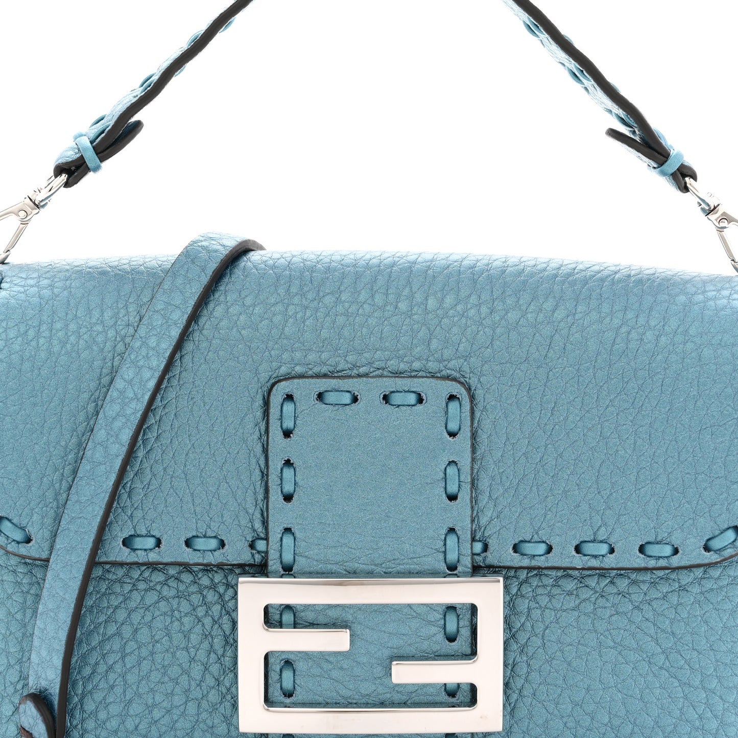 Metallic Cuoio Roma Sellerissima Nappa Sintetica Tape Stitch Mini Baguette Placca Argento