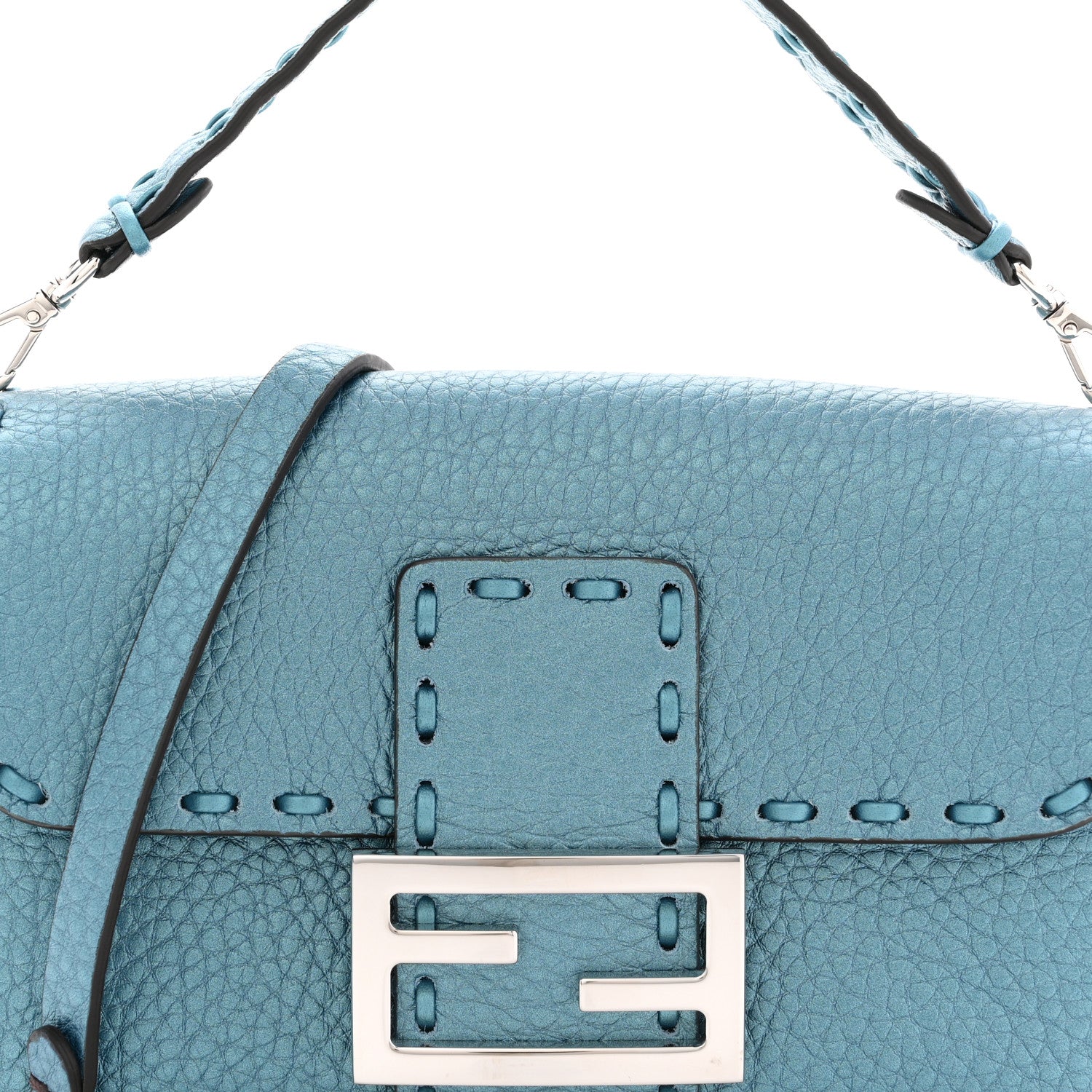 Fendi Metallic Cuoio Roma Sellerissima Nappa Sintetica Tape Stitch Mini Baguette Placca Argento 8 of 10