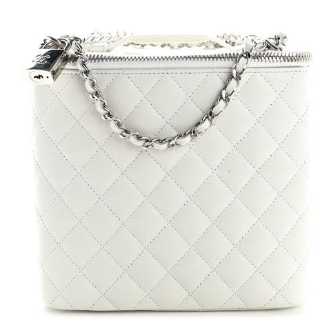 Lambskin Quilted Large Top Handle Jewelry Box With Chain White
