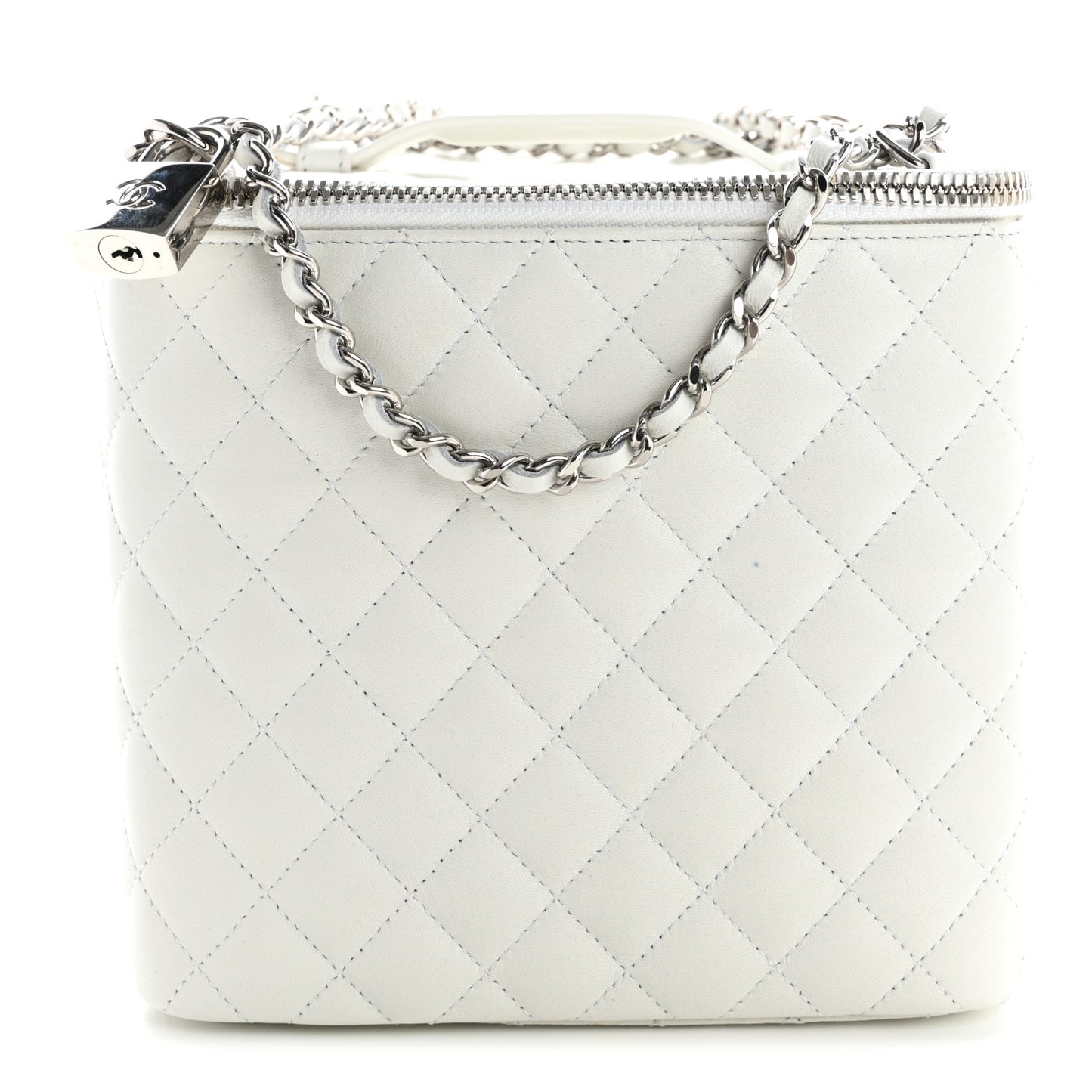 Lambskin Quilted Large Top Handle Jewelry Box With Chain White