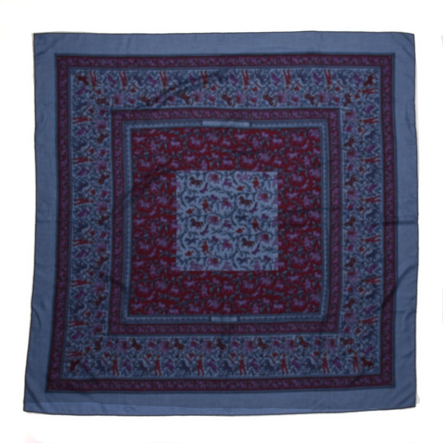 Hermes Cashmere Silk Chasse En Inde Shawl 140 Bleu Chine Violet Blue Jean 1 of 6
