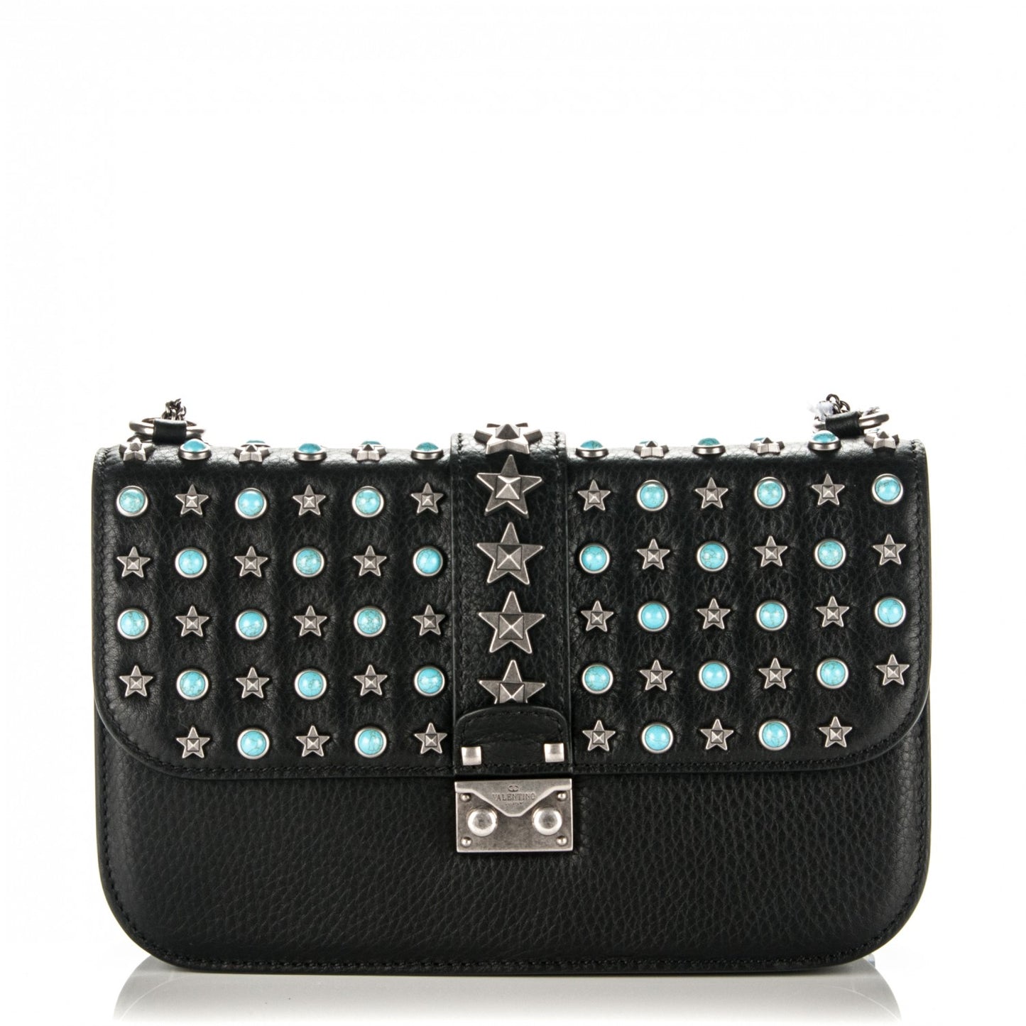 Pebbled Calfskin Star Studded Medium Lock Flap Black