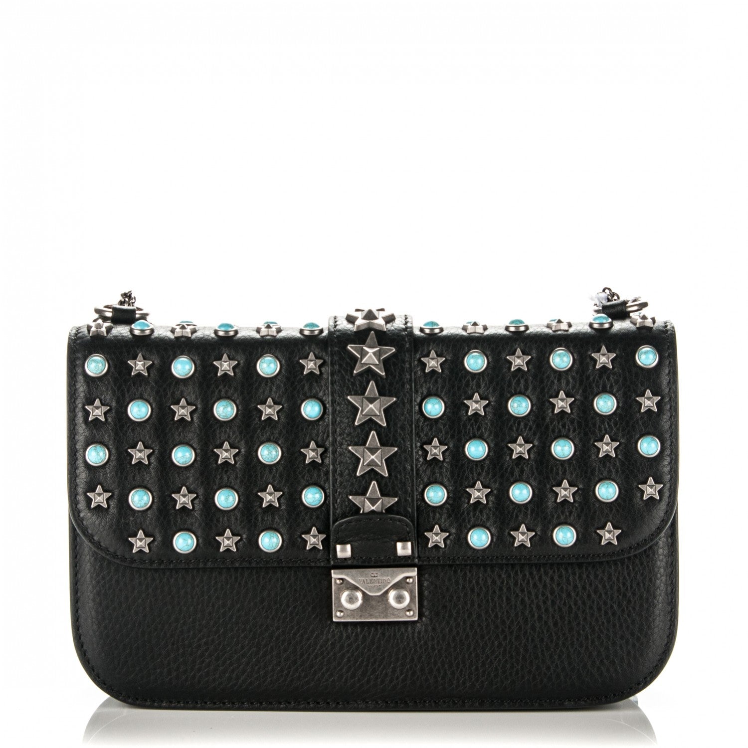 Valentino Garavani Pebbled Calfskin Star Studded Medium Lock Flap Black 1 of 6