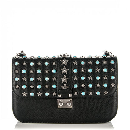 Valentino Garavani Pebbled Calfskin Star Studded Medium Lock Flap Black 1 of 6