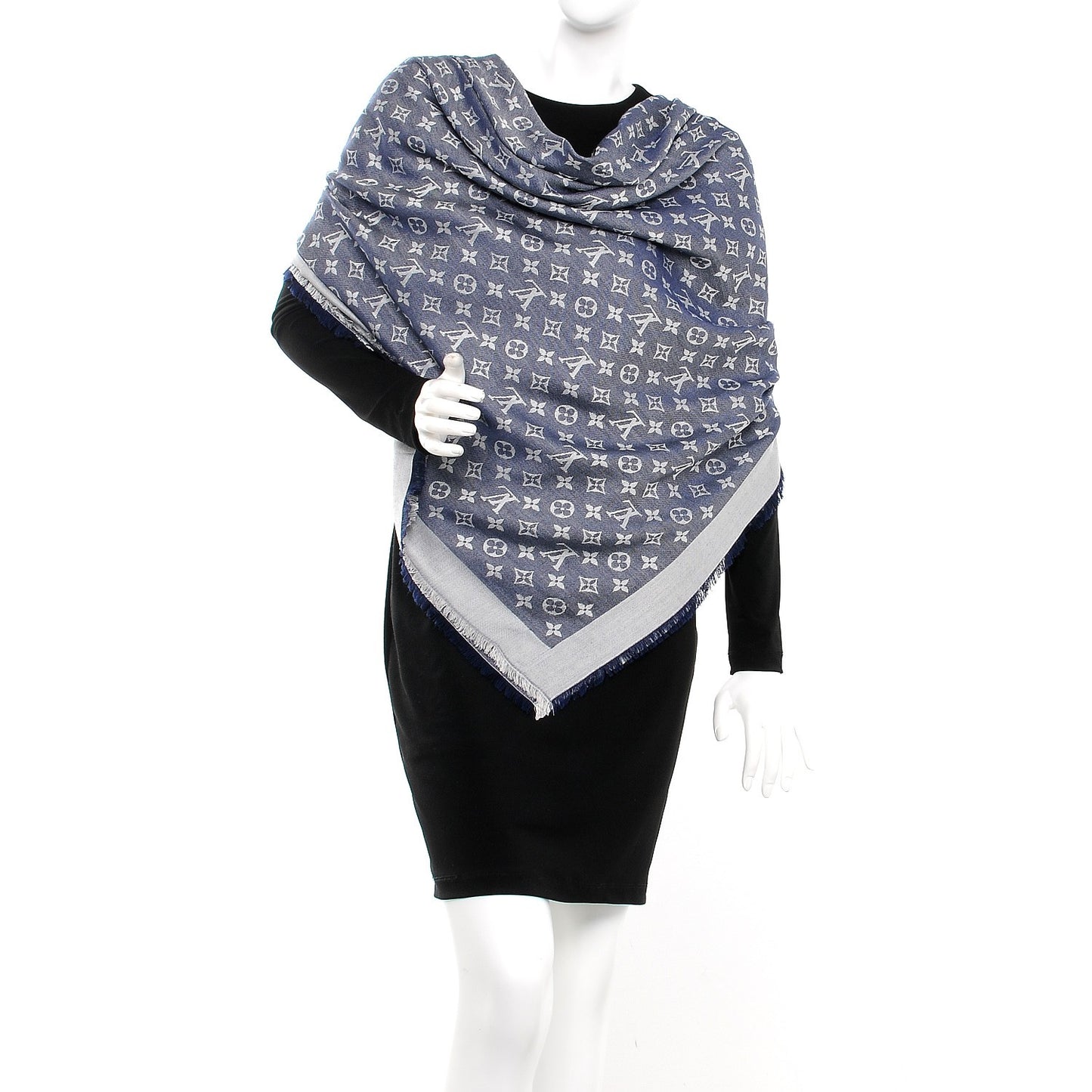 Silk Wool Monogram Denim Shawl Blue