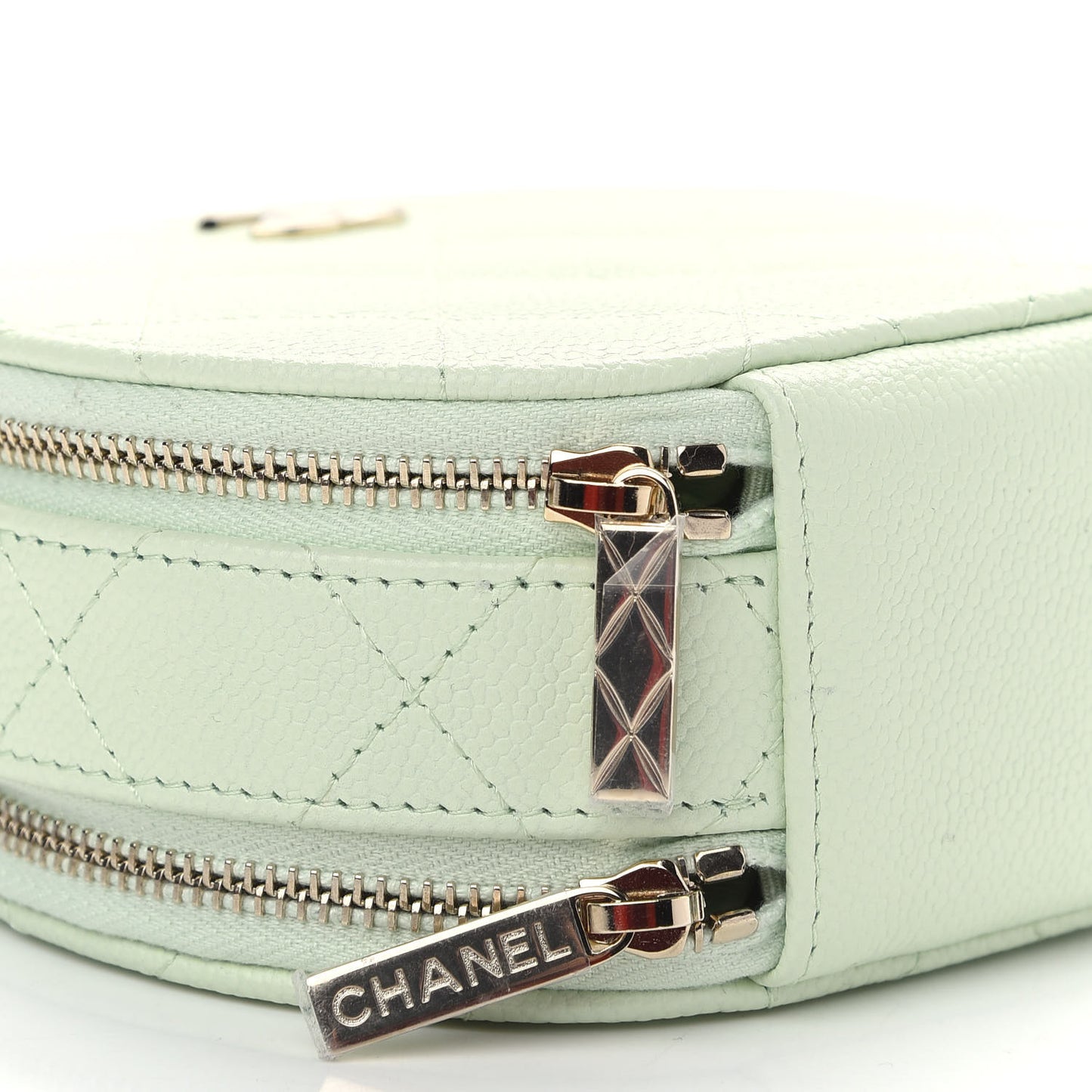 Caviar Quilted Round Handle With Care Vanity With Chain Light Green