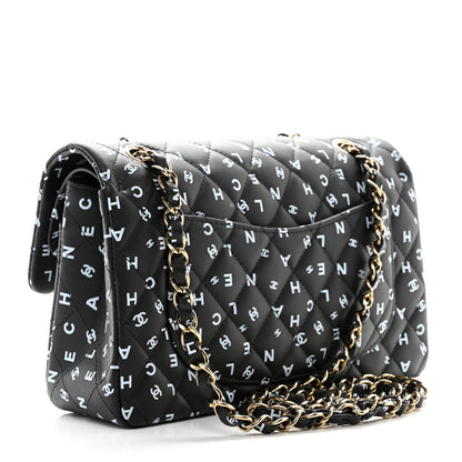 Chanel Lambskin Quilted Logo CC Printed Small Double Flap Black White 3 of 11