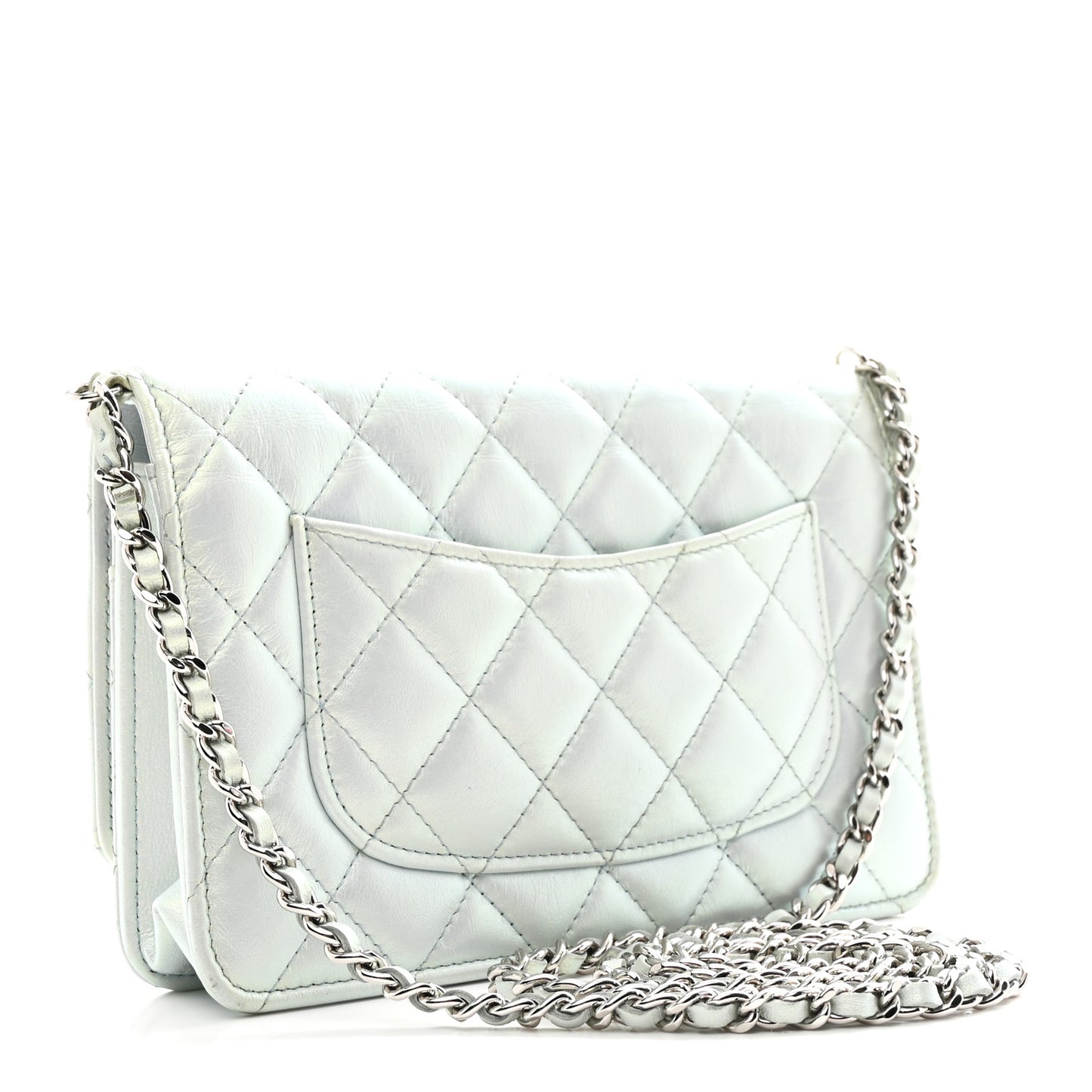 Iridescent Calfskin Quilted Wallet On Chain WOC Light Blue