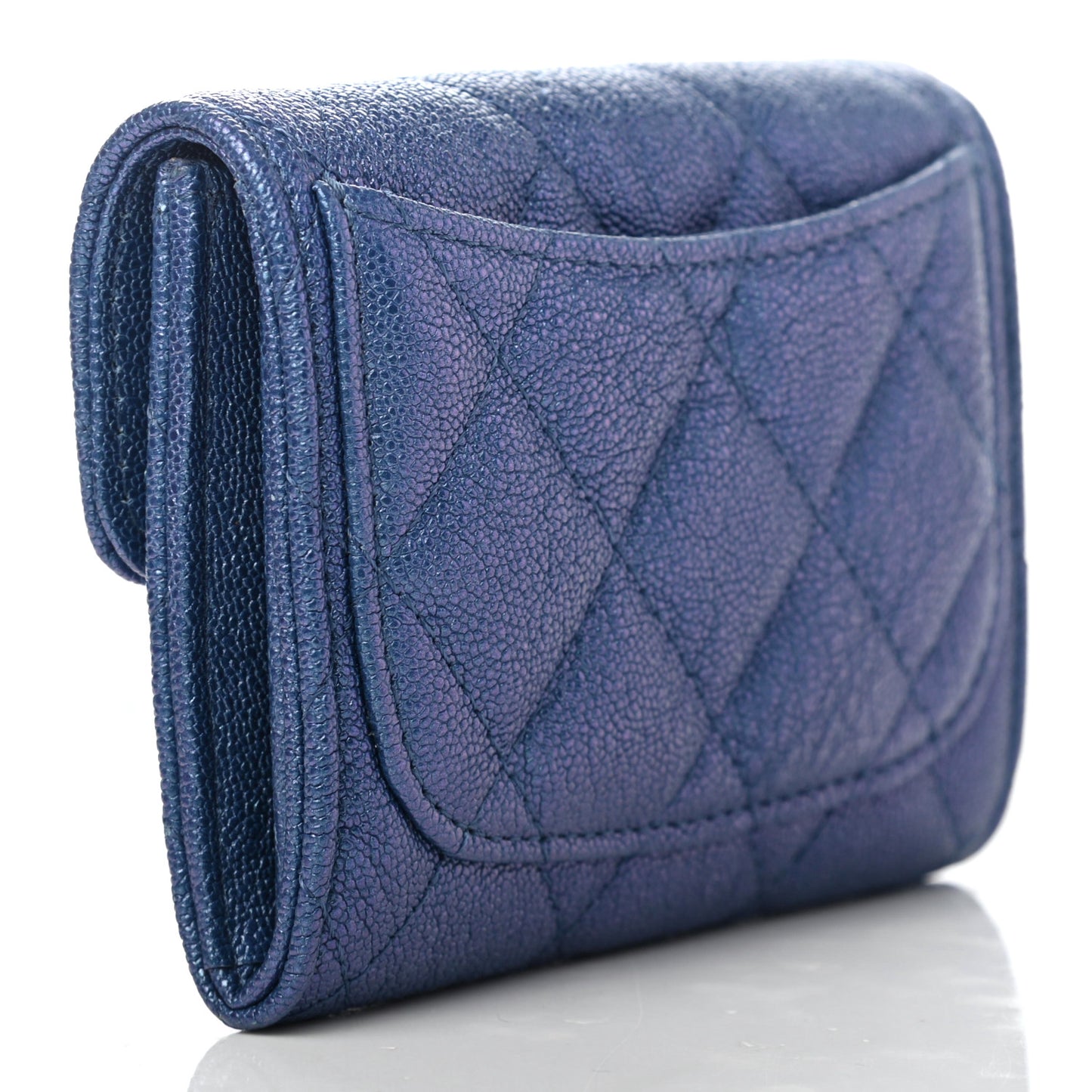 Iridescent Caviar Quilted Flap Card Holder Wallet Dark Blue