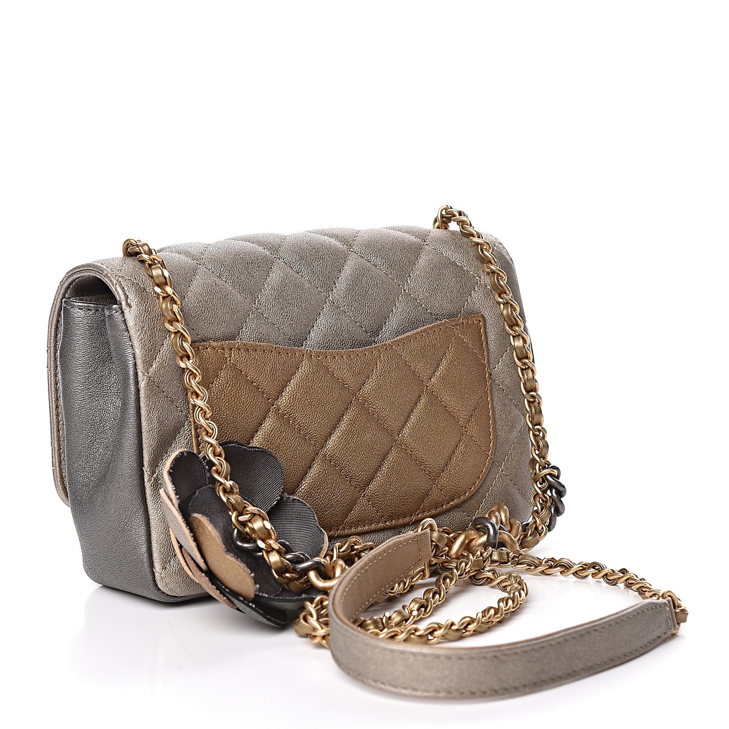 Lambskin Quilted Private Affair Camellia Flap Pale Gold Silver Dark Gold