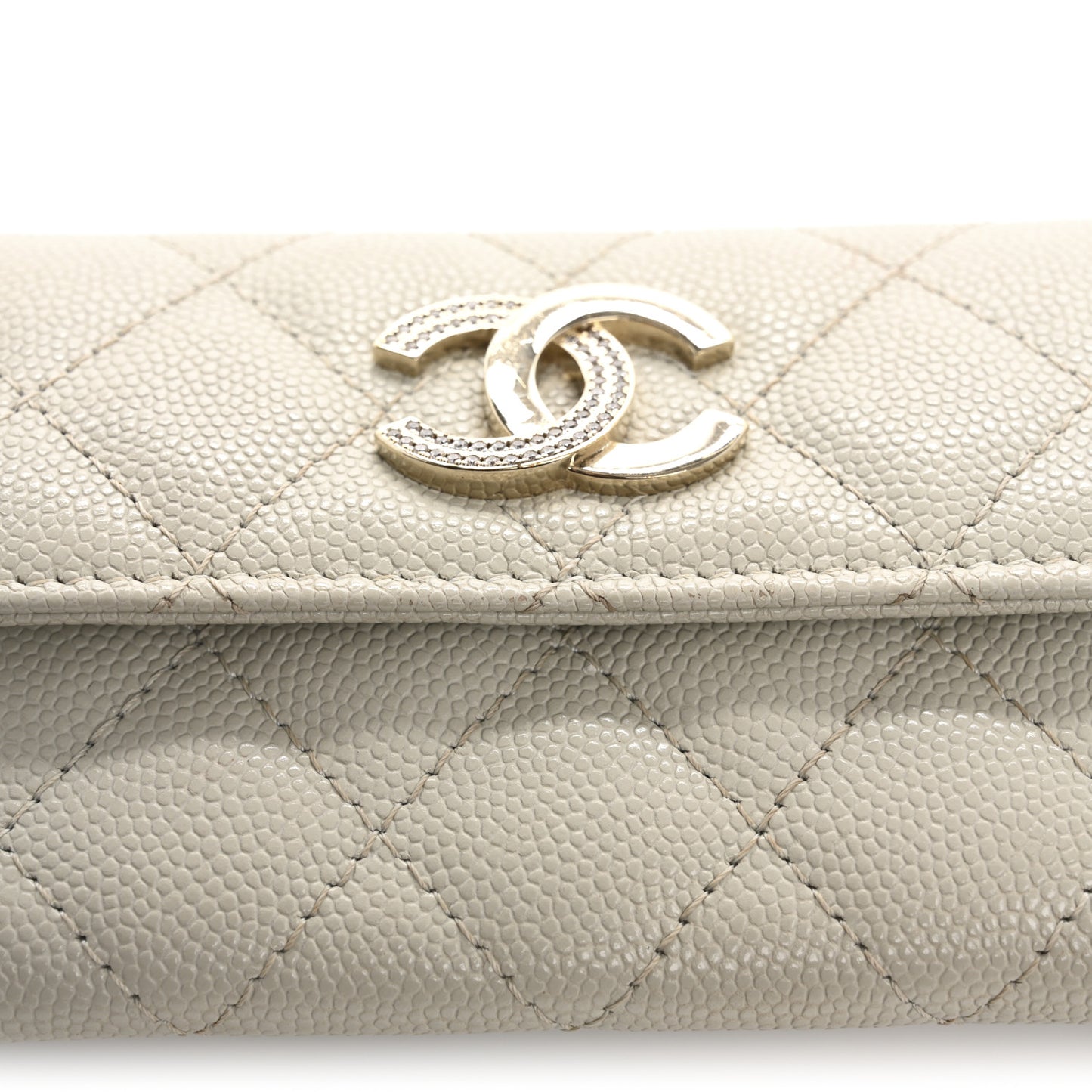 Caviar Quilted Crystal CC Flap Card Holder Light Grey