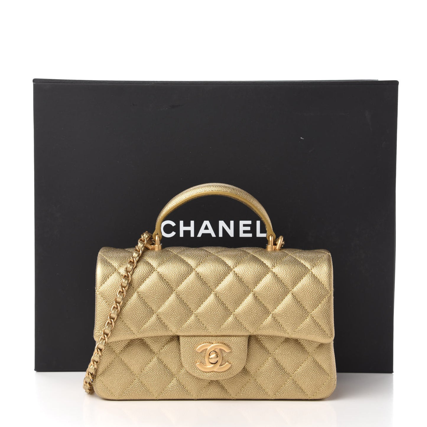 Metallic Caviar Quilted Mini Top Handle Rectangular Flap Gold