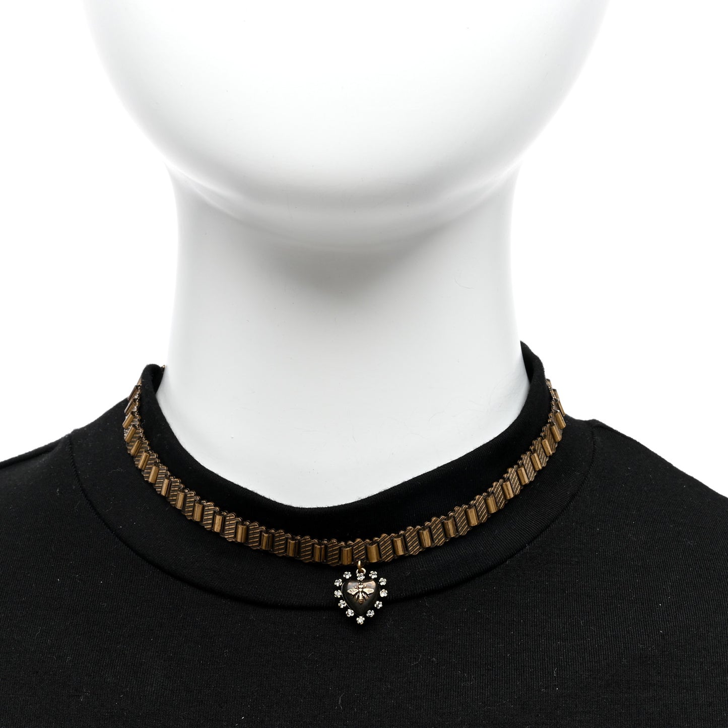 Metal Crystal Bee Heart Choker Necklace Aged Gold