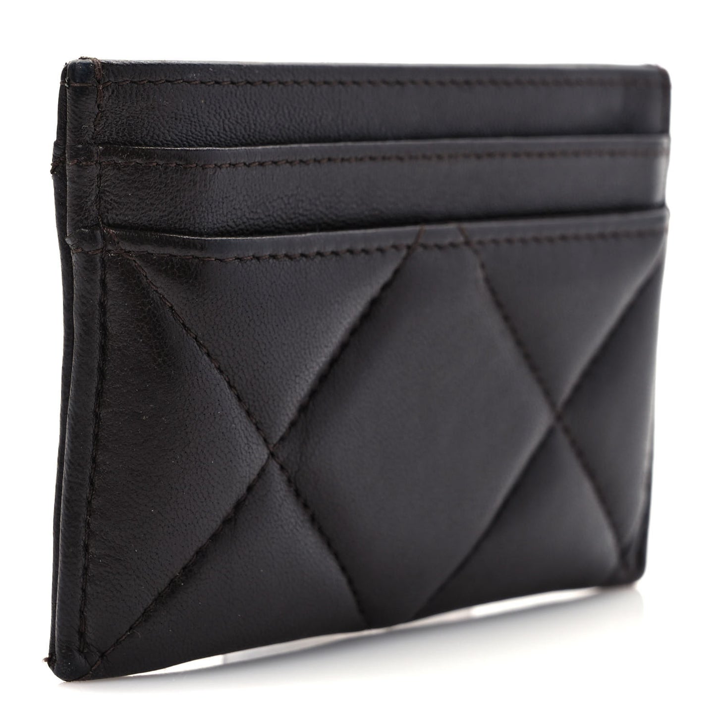 Lambskin Quilted Chanel 19 Card Holder Dark Brown