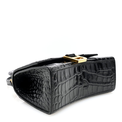 Balenciaga Shiny Calfskin Crocodile Embossed Hourglass Top Handle Bag XS Black 4 of 9